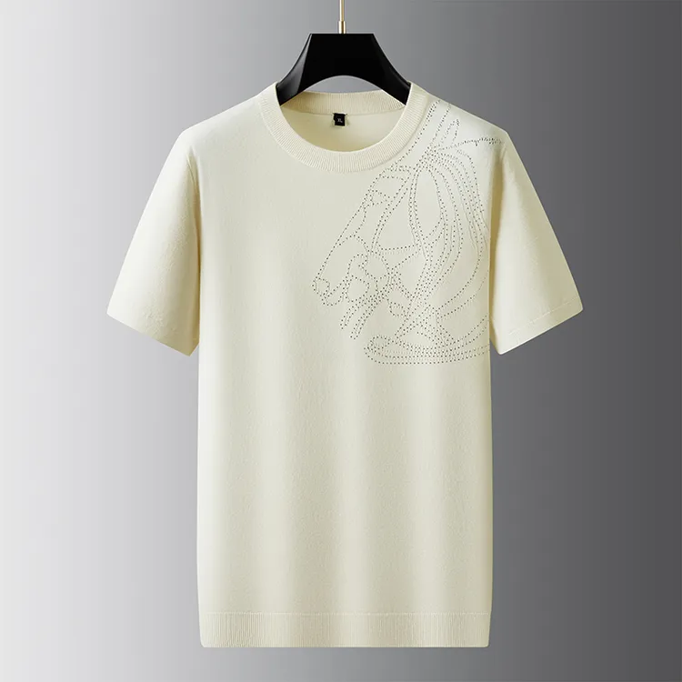 时尚修身潮流轻奢男士春秋纯色烫钻圆领提花休闲短袖针织打底衫FP