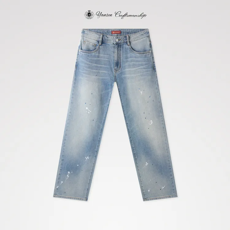 "顶奢"重工水洗手工擦白猫须泼墨工艺直筒牛仔长裤 YS127