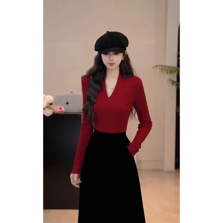 YUANLIANSU/圆脸酥【一叶知秋】极简休闲百搭修身V领针织衫女秋冬款