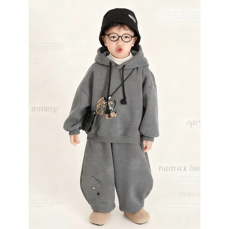YeeHoO/英氏男童加绒套装秋冬装2025新款儿童宝宝卫衣两件套男孩