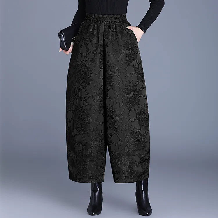妈妈新中式浮雕款千层玫瑰显瘦重磅提花花苞裤大码宽松阔腿裤棉裤