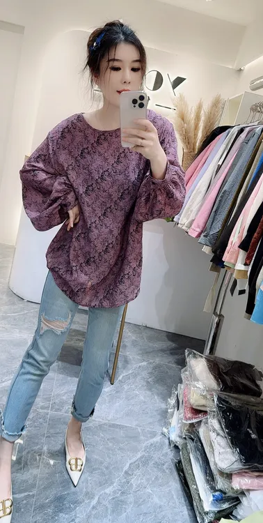 宽松宽松型夏季通勤紫色春秋长袖外套圆领秋季碎花衬衫豹纹