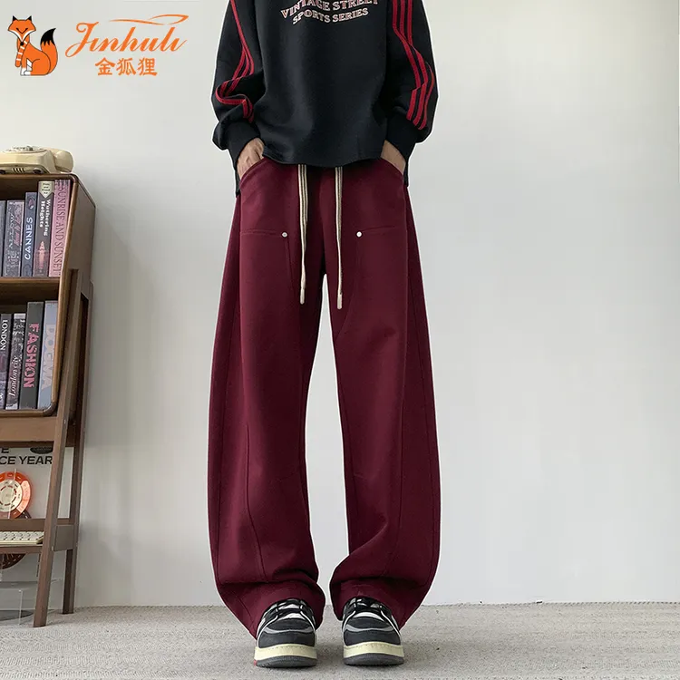 金狐狸秋冬港风运动裤加绒保暖卫裤男女同款休闲裤大码宽松阔腿裤