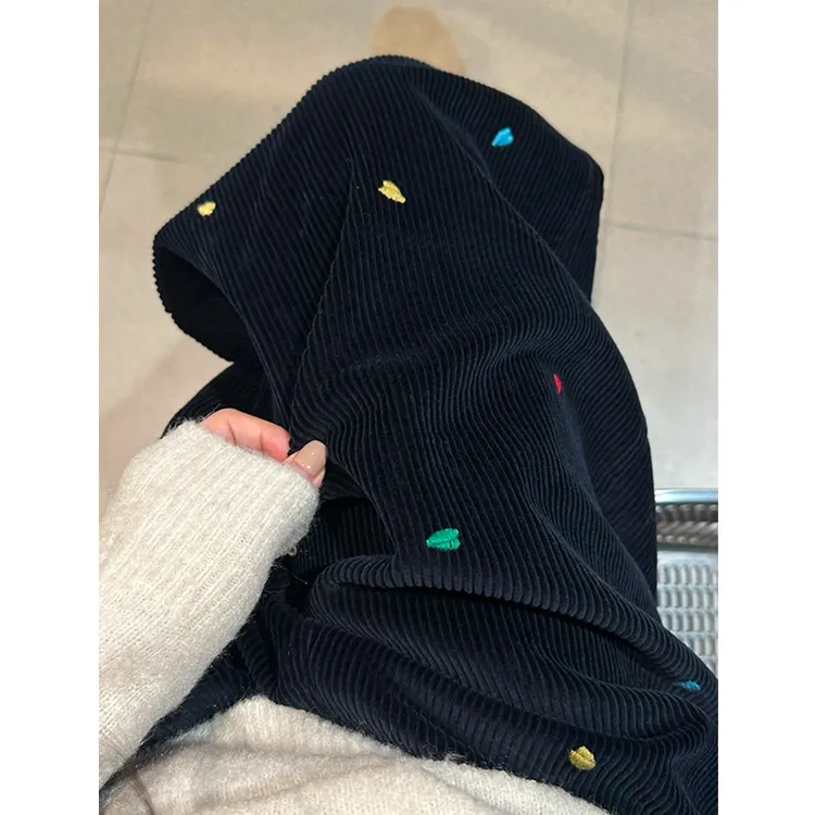 【珂塔芙】刺绣灯芯绒休闲阔腿裤女宽松慵懒风加绒加厚高腰直筒裤子