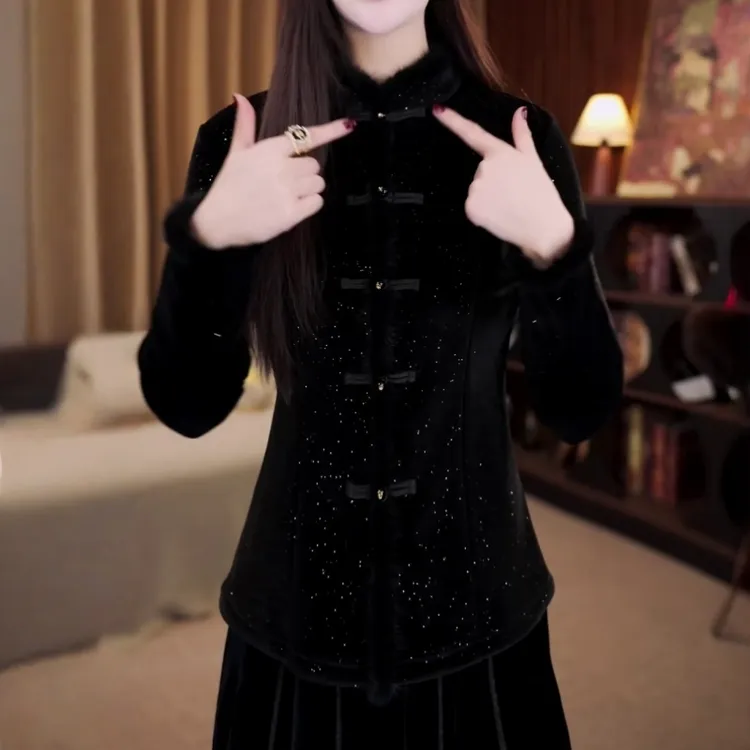 秋冬新中式盘扣加绒保暖烫钻上衣小衫洋气百搭时髦减龄长袖打底衫