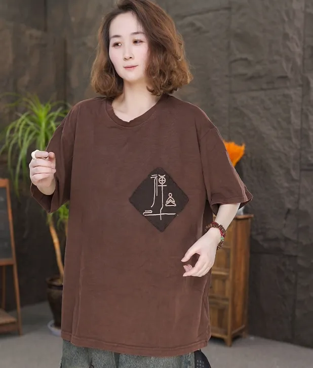 春夏新款时尚休闲复古炒色圆领宽松大码贴布短袖T恤女上衣
