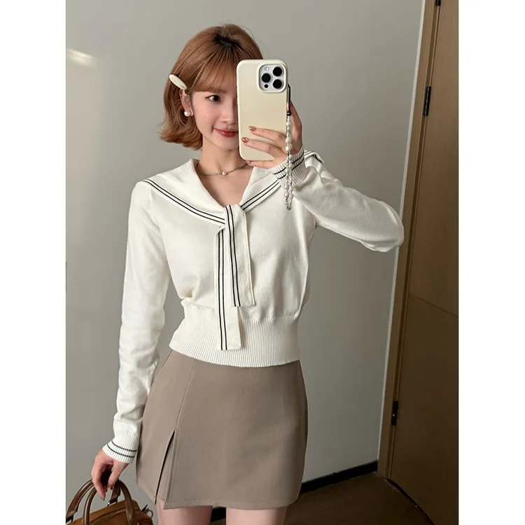 【运补5-8米】魔西女王海军领秋季针织学院风拼接毛针织衫时尚上衣