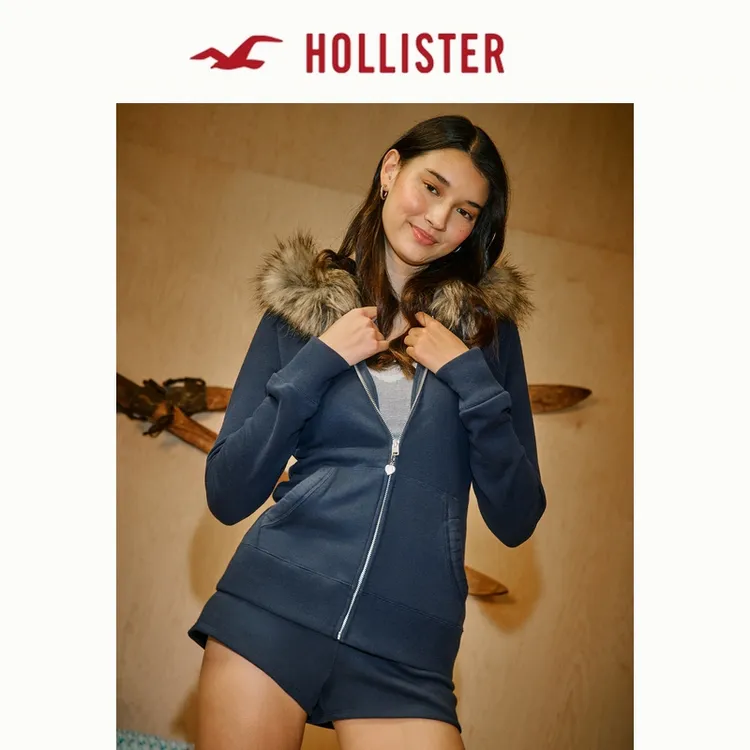 Hollister25秋冬新款美式辣妹抓绒毛领连帽卫衣外套女装352-5236