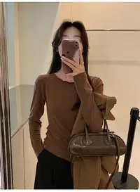 木耳边可叠穿长袖T恤女春秋新款百搭打底衫内搭美拉德穿搭上衣ins