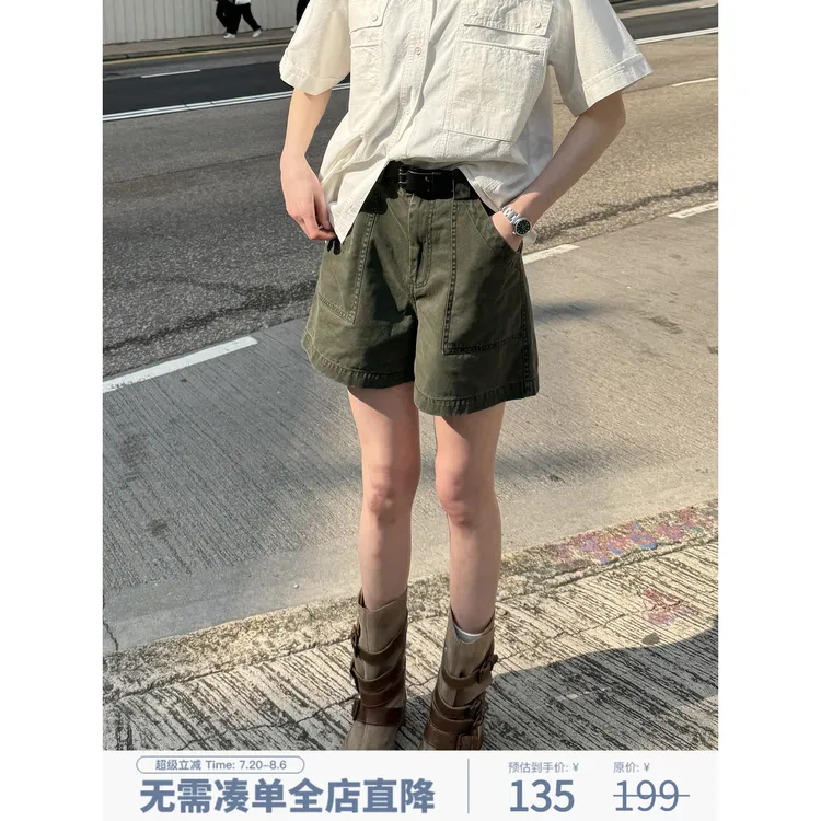 美式复古高腰阔腿工装短裤女夏季小个子显瘦甜酷辣妹热裤