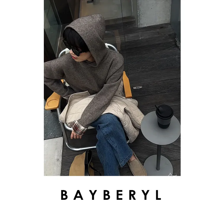  BAYBERYL老贝AC帽衫*假两件拼接格纹连帽针织衫ZZS5I2601-10/26