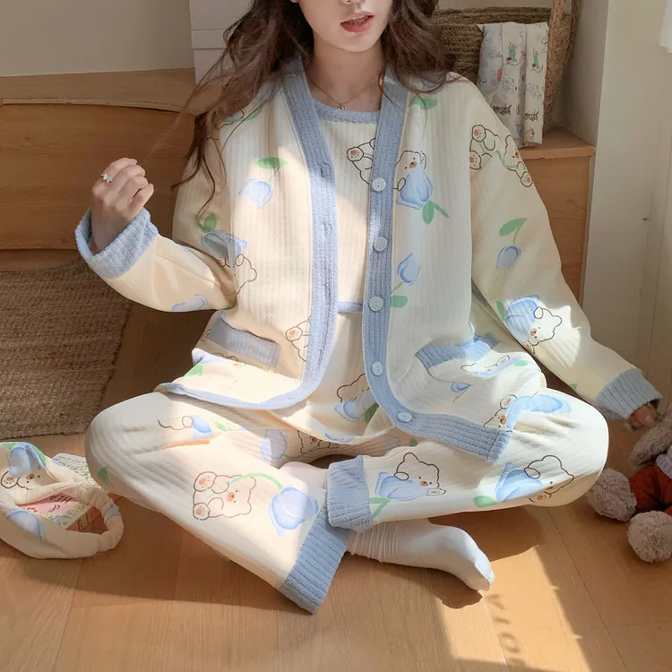 月子服11月份空气棉带胸垫孕妇睡衣产后产妇哺乳秋冬家居服三件套