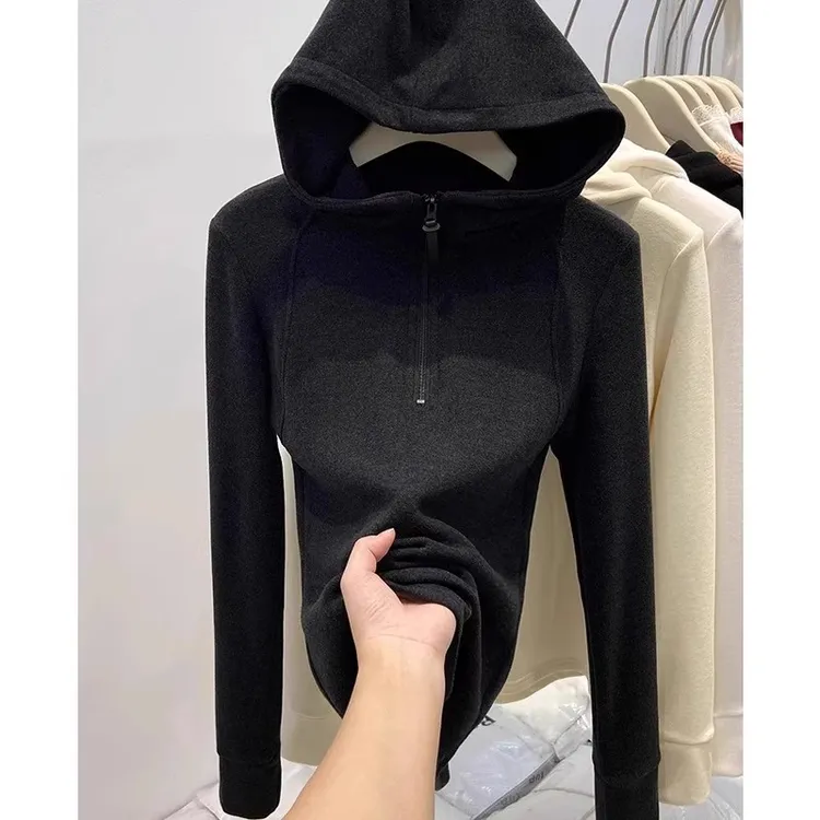 芯娇晴欧货半拉链双面德绒连帽卫衣女2025春秋新款加绒打底衫上衣