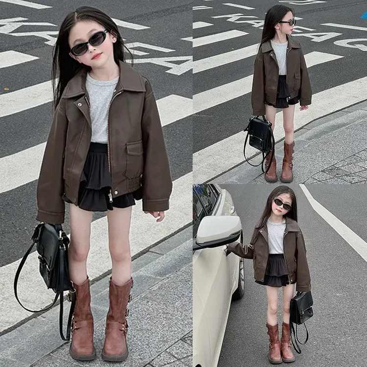 儿童皮衣外套女童中小童皮衣夹克机车服春秋季新款复古潮流翻领
