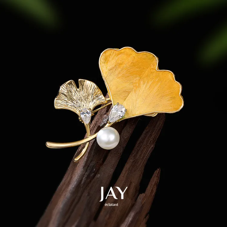 Jay珍珠银杏绒花胸针女送长辈领导礼物高端高档秋冬大衣配饰