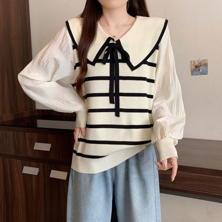 蝴蝶结秋季薄款条纹娃娃毛针织衫洋气减龄夏季美式上衣