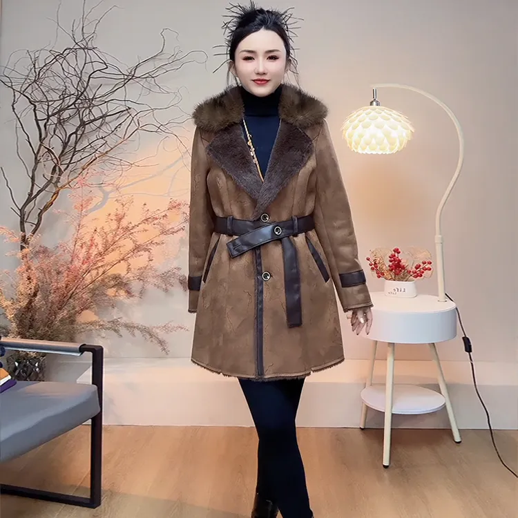 秋冬季加厚加绒大衣女2025新款系带收腰中长款气质妈妈装毛呢外套