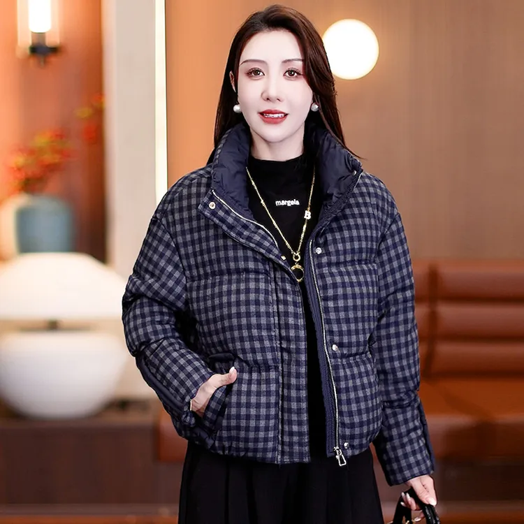 时尚正品立领短款棉服女冬季新款洋气百搭格纹拼接保暖棉衣外套
