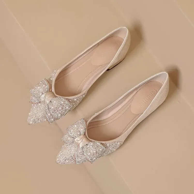 34-41码法式浅口尖头仙女风单鞋网红珍珠中跟气质粗跟宴会女鞋子