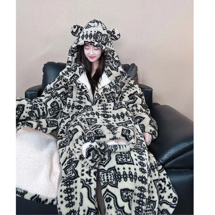 深冬双层巨厚连帽中长款加绒加厚保暖男女家居服睡衣睡袍浴袍套装