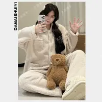 2025秋冬加绒加厚保暖睡衣女爆款珊瑚绒家居服纯色简约睡衣套装