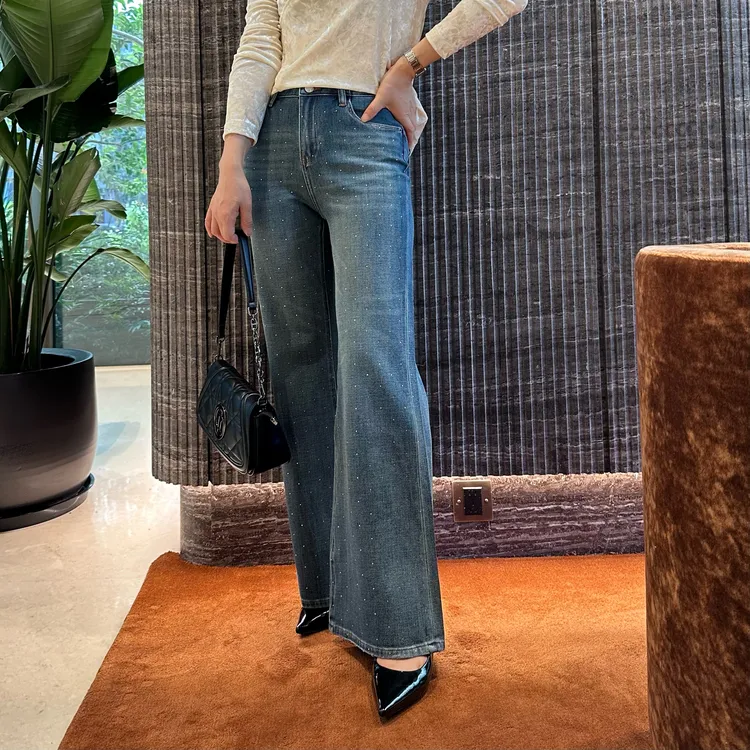 亮片喇叭裤女长裤无弹常规牛仔裤高腰蓝色复古休闲