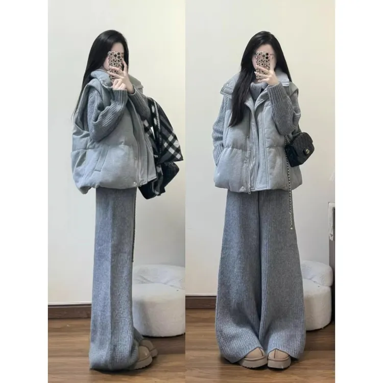 【当日发货】韩系穿搭松弛感灰色针织毛衣棉服马甲阔腿裤三件套冬女