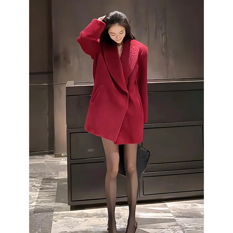 法式高级感小香风气质红色毛呢外套女2025秋冬季别致百搭长袖上衣