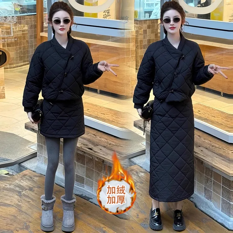 时尚套装女2025冬季新款时髦洋气加棉加厚棉衣外套半身裙两件套潮