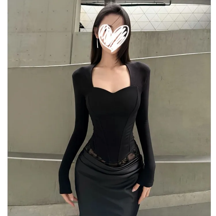 气质辣妹方领鱼骨坎肩内搭长袖T恤女装秋冬修身显瘦百搭打底上衣