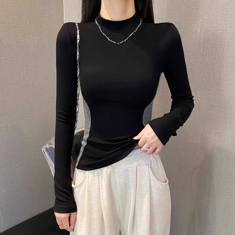 螺纹针织半高领拼色长袖t恤女2025春秋修身打底衫内搭收腰上衣潮