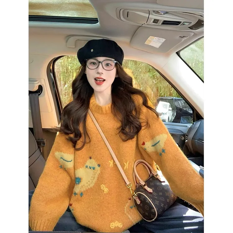 设计感卡通提花毛衣女2025新款秋冬季加厚减龄韩系复古宽松针织衫