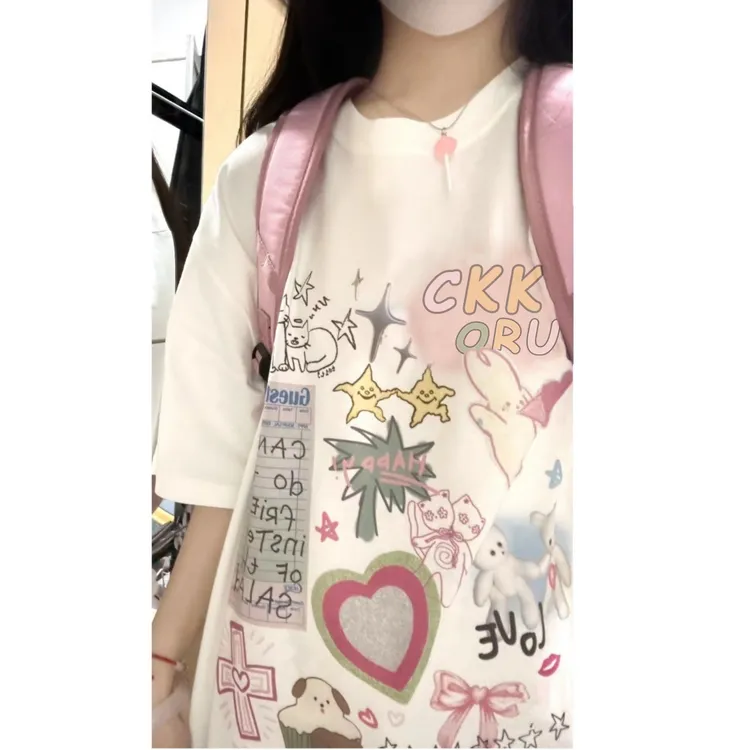 新款纯棉短袖设计感卡通印花t恤夏季百搭爆款宽松半袖女上衣薄款