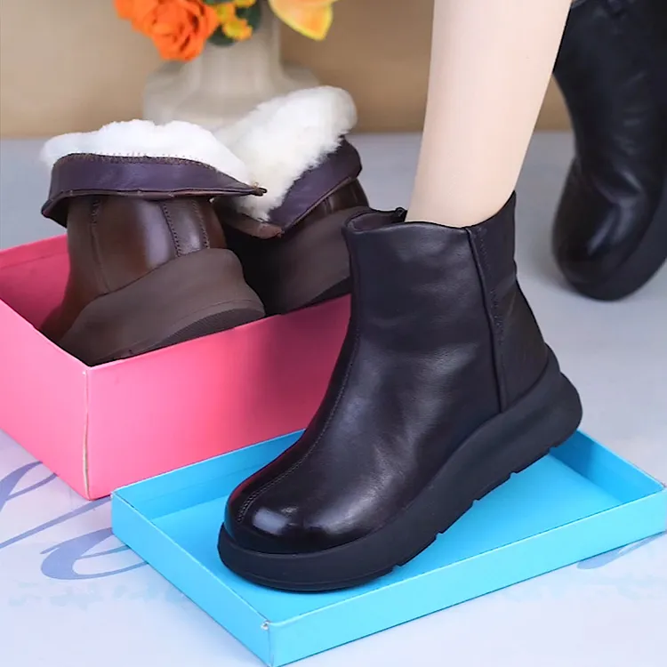 NP01-8935冬季新款头层牛皮马丁靴女中年皮鞋加绒皮毛一体妈妈鞋