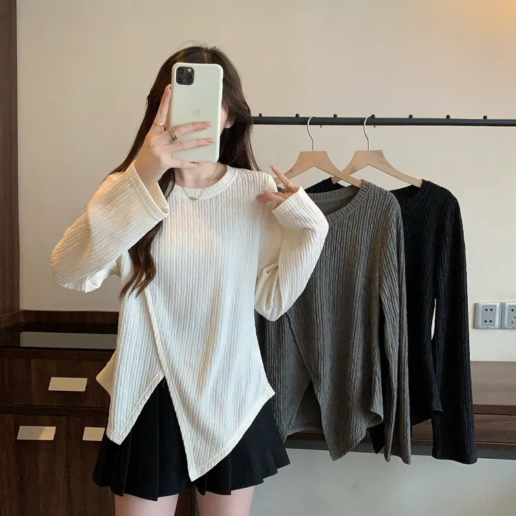 大码胖mm女士加大2025秋季不规则长袖t恤宽松打底衫显瘦打底上衣