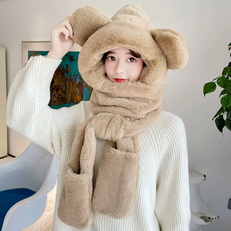 秋冬保暖帽加绒加厚防风防寒可爱小熊帽子一体围脖帽手套网红百搭