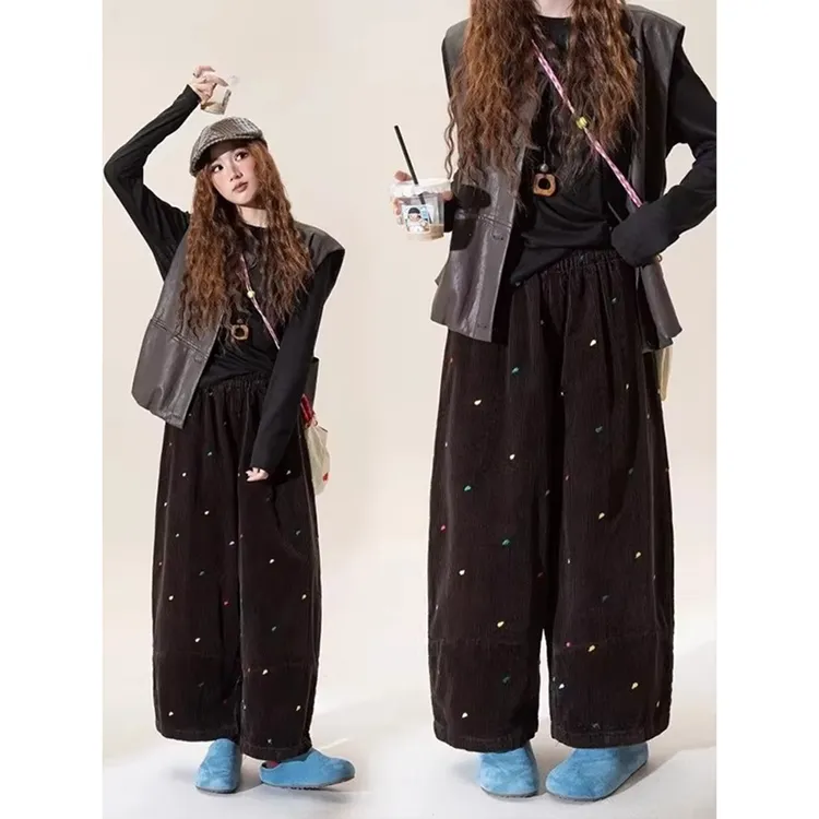 胖mm大码爱心刺绣灯芯绒阔腿裤女秋冬2-300斤百搭宽松加绒九分裤