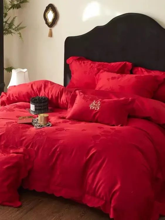 全棉奥棉轻奢风婚庆六件套 -搬新家床上用品 - 西塘红