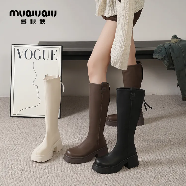 暮秋秋厚底增高长靴女2025秋冬新款不过膝小个子配裙子百搭骑士靴