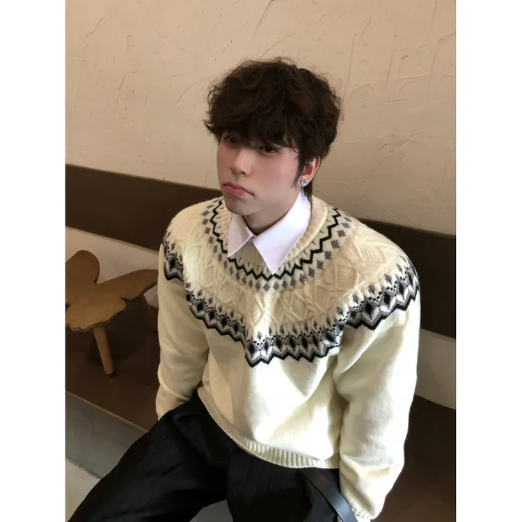 美式复古费尔岛针织衫男秋冬绒感慵懒风宽松潮流百搭圆领提花毛衣
