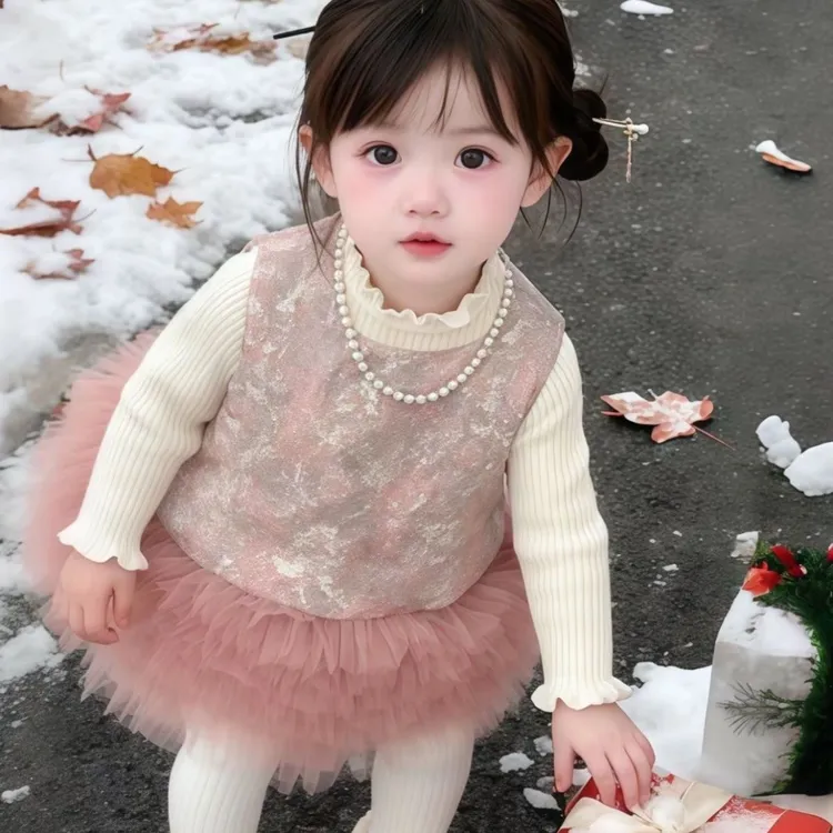 冬季女童新中式背心裙公主裙夹棉加绒新款婴幼儿周岁生日礼服套装