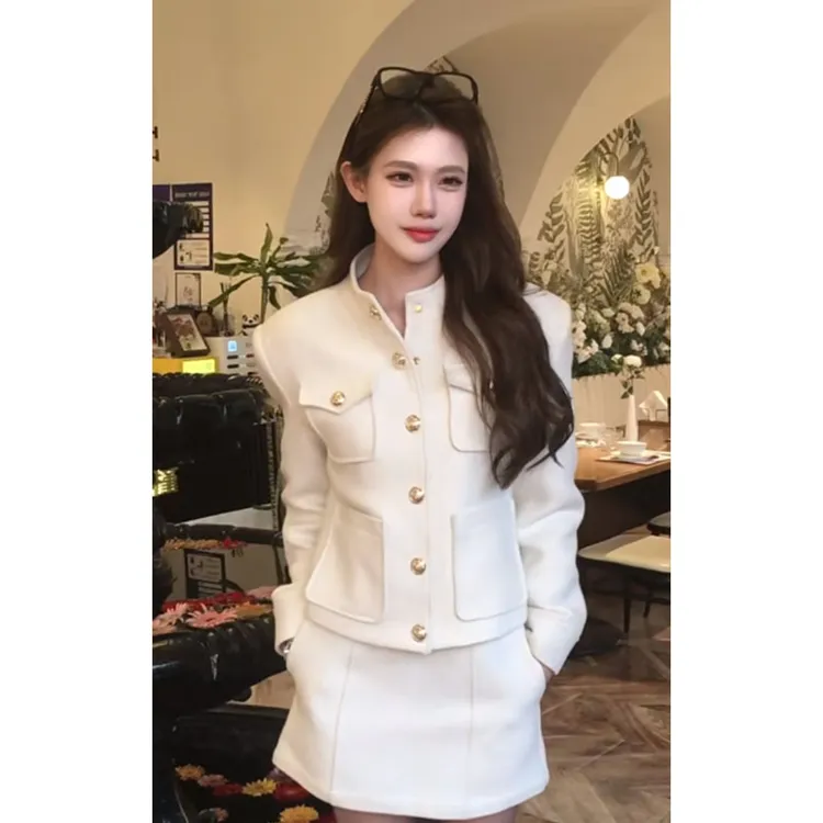 早春高级感小香风小立领外套上衣高腰修身时尚显瘦a字半身裙短裙