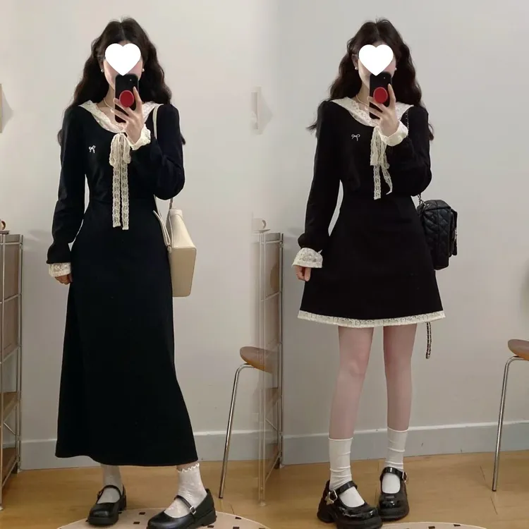 大码法式富家千金连衣裙女春季高级感蕾丝小黑裙胖MM遮肚显瘦裙子