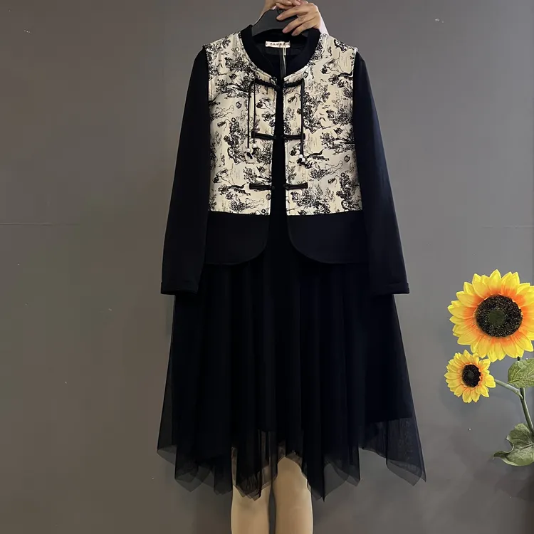 中式时尚显瘦套装重工绣花国风短马甲网纱拼接连衣裙两件套