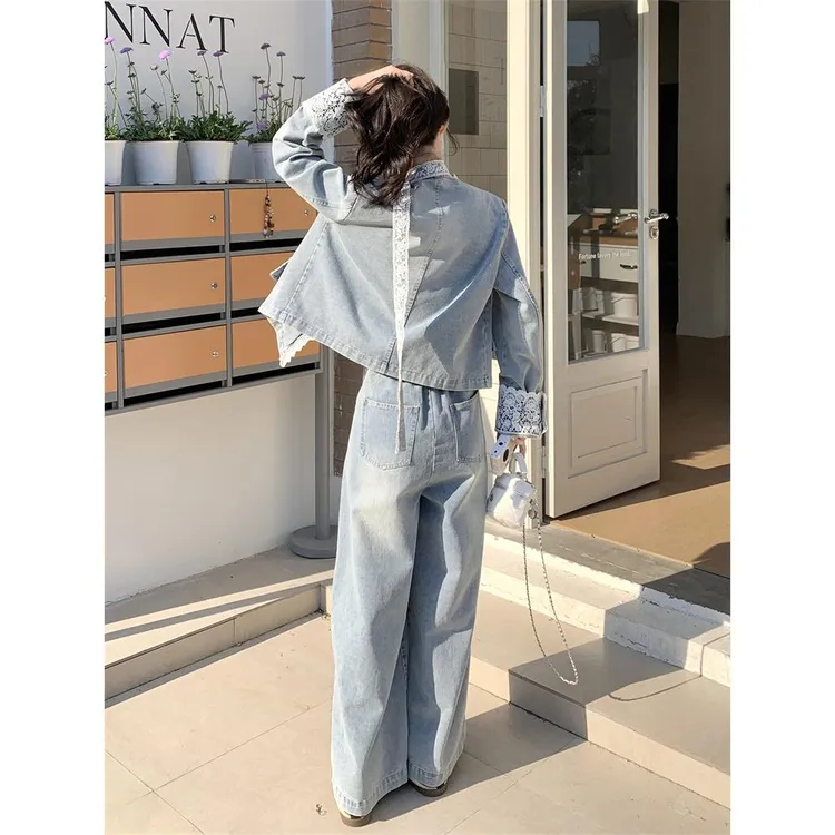 蕾丝拼接牛仔阔腿裤套装女春秋2025新款两件套独特绝美超火高级感