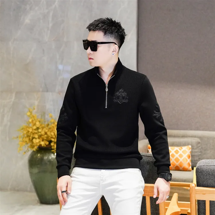 秋冬潮牌半拉链立领针织拼接卫衣男厚款修身休闲长袖打底衫9135
