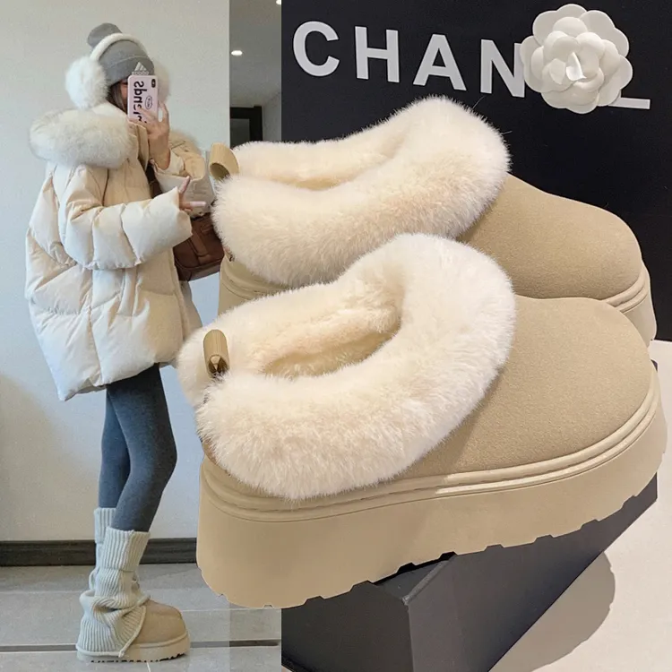 厚底增高雪地靴女2025冬季新款一脚蹬毛毛棉拖加绒加厚勃肯棉鞋子