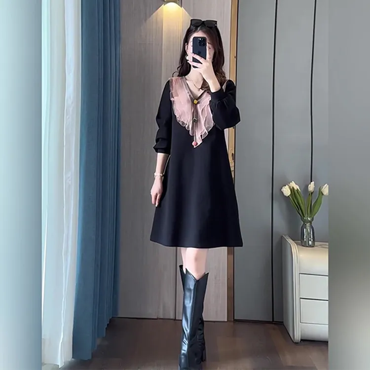 大码中长款连衣裙春秋2025新款女装a字裙子洋气减龄显瘦中长裙子