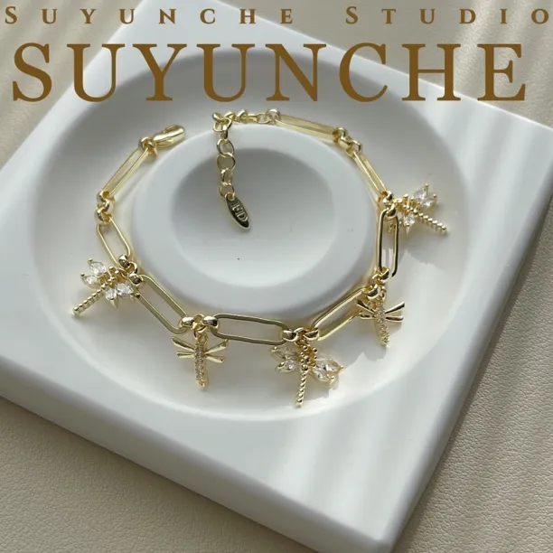 铜合金合成锆石手链 Suyunche2750浅金色蜻蜓多吊坠新颖设计手链