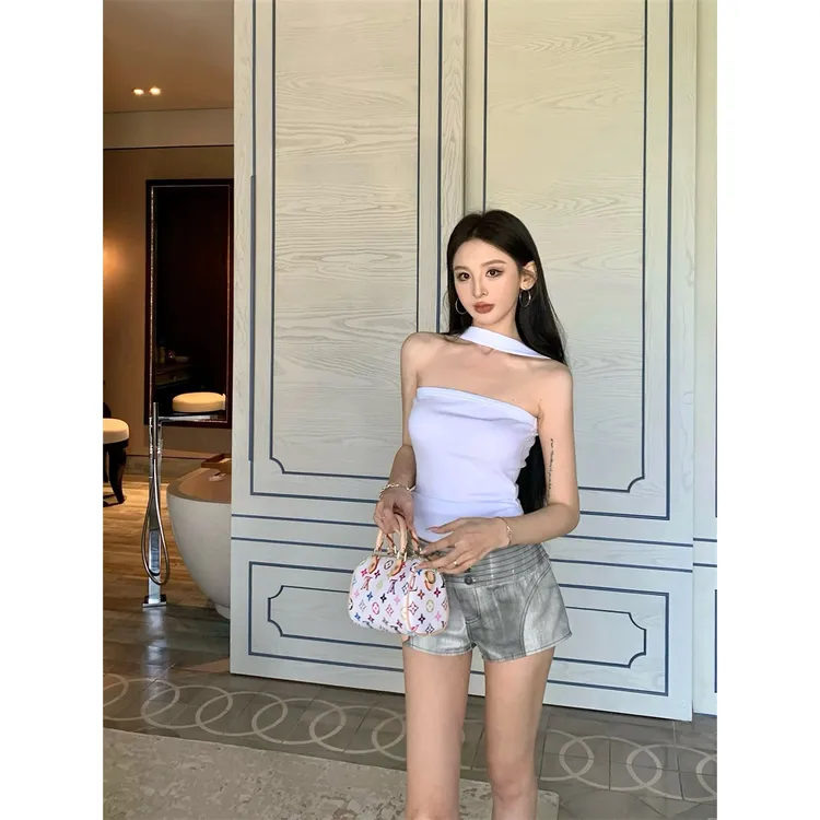 夏季外穿夏日时髦挂脖抹胸针织背心蓝色绿杏白色黑色均码棉质上衣